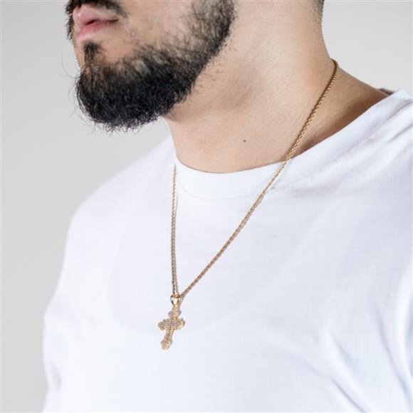 Mens Small Hip Hop Mini Gold Iced Cz Cross Pendant And Rope Chain Necklace